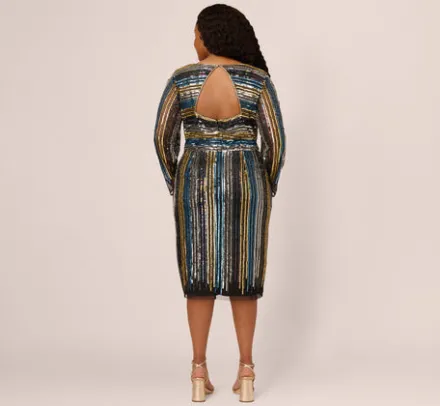 Adrianna Papell Wedding Guest Dresses|Petite-Friendly*Plus Size Sequin Beaded Sheath Dress With Sheer Long Sleeves In Black Blue Multi