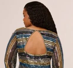 Adrianna Papell Wedding Guest Dresses|Petite-Friendly*Plus Size Sequin Beaded Sheath Dress With Sheer Long Sleeves In Black Blue Multi