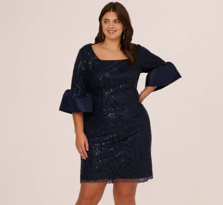 Adrianna Papell Wedding Guest Dresses|Petite-Friendly*Plus Size Sequin Embroidered Dress With Taffeta Bell Sleeves In