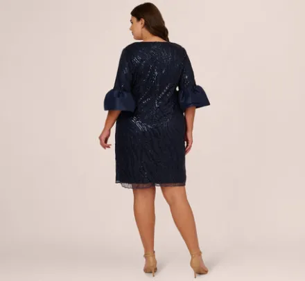 Adrianna Papell Wedding Guest Dresses|Petite-Friendly*Plus Size Sequin Embroidered Dress With Taffeta Bell Sleeves In