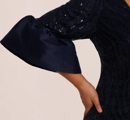 Adrianna Papell Wedding Guest Dresses|Petite-Friendly*Plus Size Sequin Embroidered Dress With Taffeta Bell Sleeves In