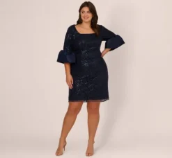 Adrianna Papell Wedding Guest Dresses|Petite-Friendly*Plus Size Sequin Embroidered Dress With Taffeta Bell Sleeves In