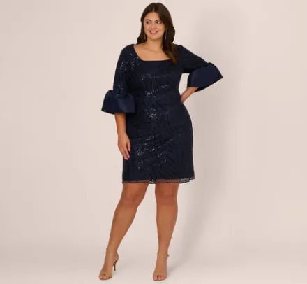 Adrianna Papell Wedding Guest Dresses|Petite-Friendly*Plus Size Sequin Embroidered Dress With Taffeta Bell Sleeves In