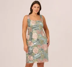 Adrianna Papell Wedding Guest Dresses|Formal Dresses*Plus Size Sequin Embroidery Short Dress In Sage Multi