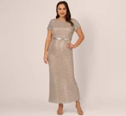 Adrianna Papell Wedding Guest Dresses|Formal Dresses*Plus Size Sequin Short Sleeve Column Gown With Embellished Waist In Silver Nude