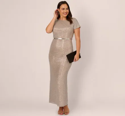 Adrianna Papell Wedding Guest Dresses|Formal Dresses*Plus Size Sequin Short Sleeve Column Gown With Embellished Waist In Silver Nude