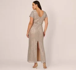 Adrianna Papell Wedding Guest Dresses|Formal Dresses*Plus Size Sequin Short Sleeve Column Gown With Embellished Waist In Silver Nude