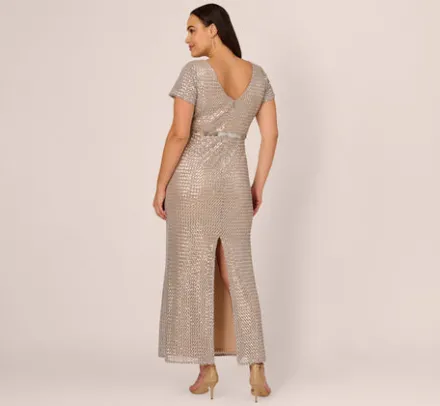 Adrianna Papell Wedding Guest Dresses|Formal Dresses*Plus Size Sequin Short Sleeve Column Gown With Embellished Waist In Silver Nude
