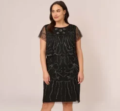 Adrianna Papell Wedding Guest Dresses|Petite-Friendly*Plus Size Short Sleeve Beaded Cocktail Dress With Popover In Black Gunmetal