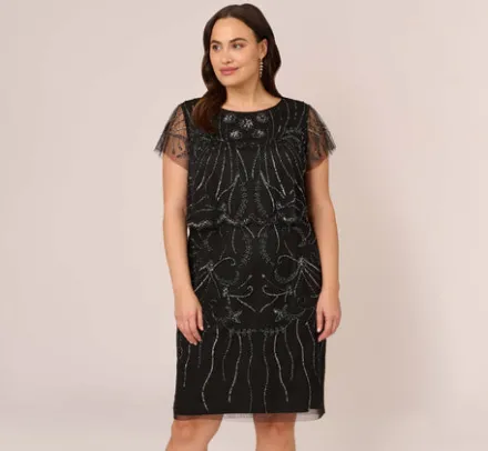 Adrianna Papell Wedding Guest Dresses|Petite-Friendly*Plus Size Short Sleeve Beaded Cocktail Dress With Popover In Black Gunmetal