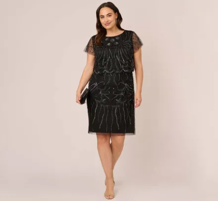 Adrianna Papell Wedding Guest Dresses|Petite-Friendly*Plus Size Short Sleeve Beaded Cocktail Dress With Popover In Black Gunmetal
