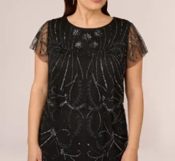 Adrianna Papell Wedding Guest Dresses|Petite-Friendly*Plus Size Short Sleeve Beaded Cocktail Dress With Popover In Black Gunmetal