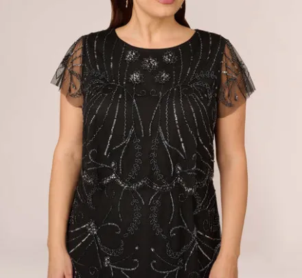 Adrianna Papell Wedding Guest Dresses|Petite-Friendly*Plus Size Short Sleeve Beaded Cocktail Dress With Popover In Black Gunmetal
