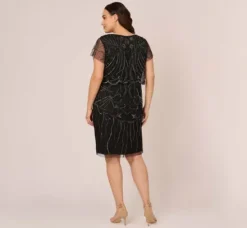 Adrianna Papell Wedding Guest Dresses|Petite-Friendly*Plus Size Short Sleeve Beaded Cocktail Dress With Popover In Black Gunmetal