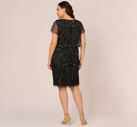 Adrianna Papell Wedding Guest Dresses|Petite-Friendly*Plus Size Short Sleeve Beaded Cocktail Dress With Popover In Black Gunmetal