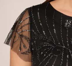 Adrianna Papell Wedding Guest Dresses|Petite-Friendly*Plus Size Short Sleeve Beaded Cocktail Dress With Popover In Black Gunmetal