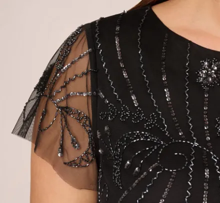 Adrianna Papell Wedding Guest Dresses|Petite-Friendly*Plus Size Short Sleeve Beaded Cocktail Dress With Popover In Black Gunmetal