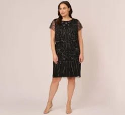 Adrianna Papell Wedding Guest Dresses|Petite-Friendly*Plus Size Short Sleeve Beaded Cocktail Dress With Popover In Black Gunmetal