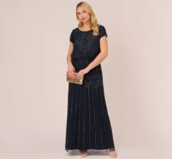 Adrianna Papell Wedding Guest Dresses|Formal Dresses*Plus Size Short Sleeve Blouson Beaded Gown In