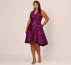 Adrianna Papell Wedding Guest Dresses|Day Dresses*Plus Size Sleeveless Floral Jacquard Midi Dress With High Low Skirt In Navy Multi