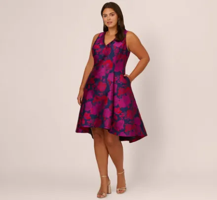 Adrianna Papell Wedding Guest Dresses|Day Dresses*Plus Size Sleeveless Floral Jacquard Midi Dress With High Low Skirt In Navy Multi
