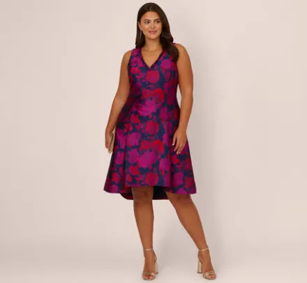 Adrianna Papell Wedding Guest Dresses|Day Dresses*Plus Size Sleeveless Floral Jacquard Midi Dress With High Low Skirt In Navy Multi