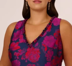 Adrianna Papell Wedding Guest Dresses|Day Dresses*Plus Size Sleeveless Floral Jacquard Midi Dress With High Low Skirt In Navy Multi