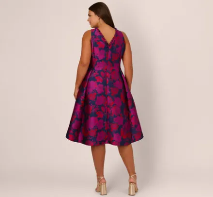 Adrianna Papell Wedding Guest Dresses|Day Dresses*Plus Size Sleeveless Floral Jacquard Midi Dress With High Low Skirt In Navy Multi