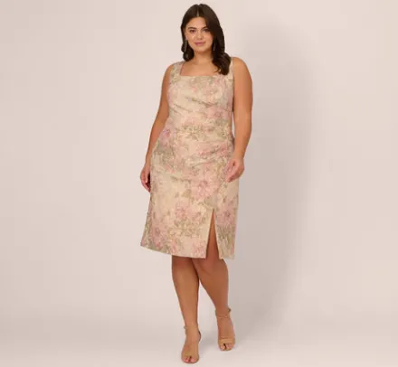 Adrianna Papell Wedding Guest Dresses|Day Dresses*Plus Size Sleeveless Floral Matelasse Sheath Dress With Pleated Details In Rose Multi