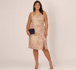 Adrianna Papell Wedding Guest Dresses|Day Dresses*Plus Size Sleeveless Floral Matelasse Sheath Dress With Pleated Details In Rose Multi