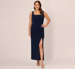 Adrianna Papell Wedding Guest Dresses|Formal Dresses*Plus Size Sleeveless Jersey Gown With Embellished Lace Cowl Back In