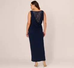 Adrianna Papell Wedding Guest Dresses|Formal Dresses*Plus Size Sleeveless Jersey Gown With Embellished Lace Cowl Back In