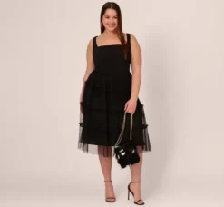 Adrianna Papell Wedding Guest Dresses|Petite-Friendly*Plus Size Sleeveless Midi Dress With Square Neck And Tiered Skirt In