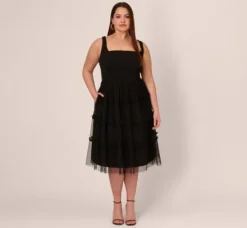 Adrianna Papell Wedding Guest Dresses|Petite-Friendly*Plus Size Sleeveless Midi Dress With Square Neck And Tiered Skirt In