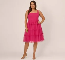 Adrianna Papell Wedding Guest Dresses|Petite-Friendly*Plus Size Sleeveless Midi Dress With Square Neck And Tiered Skirt In Bright Rose