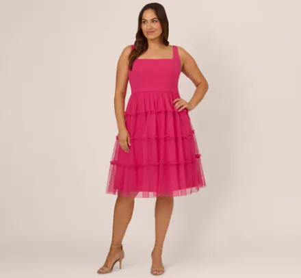 Adrianna Papell Wedding Guest Dresses|Petite-Friendly*Plus Size Sleeveless Midi Dress With Square Neck And Tiered Skirt In Bright Rose