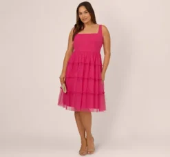 Adrianna Papell Wedding Guest Dresses|Petite-Friendly*Plus Size Sleeveless Midi Dress With Square Neck And Tiered Skirt In Bright Rose