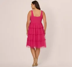 Adrianna Papell Wedding Guest Dresses|Petite-Friendly*Plus Size Sleeveless Midi Dress With Square Neck And Tiered Skirt In Bright Rose