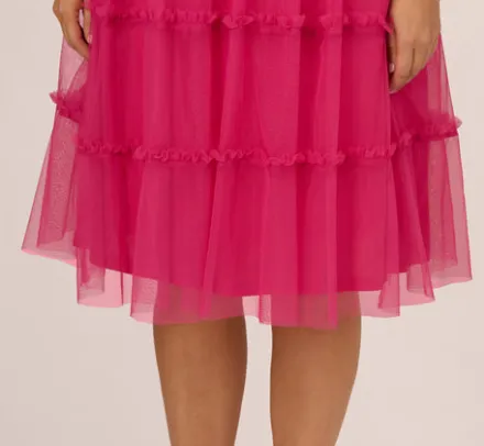 Adrianna Papell Wedding Guest Dresses|Petite-Friendly*Plus Size Sleeveless Midi Dress With Square Neck And Tiered Skirt In Bright Rose
