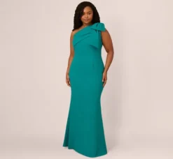 Adrianna Papell Wedding Guest Dresses|Formal Dresses*Plus Size Stretch Crepe One Shoulder Mermaid Gown With Bow Accent In Tempo Teal