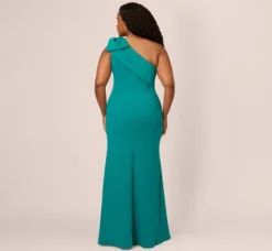 Adrianna Papell Wedding Guest Dresses|Formal Dresses*Plus Size Stretch Crepe One Shoulder Mermaid Gown With Bow Accent In Tempo Teal
