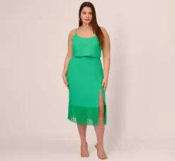 Adrianna Papell Wedding Guest Dresses|Petite-Friendly*Plus Size Stretch Crepe Popover Midi Dress With Fringe Hem In Summer Green