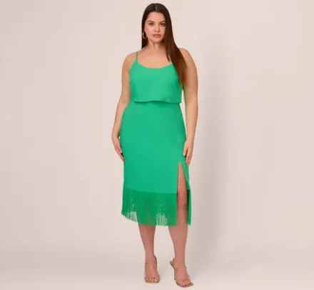 Adrianna Papell Wedding Guest Dresses|Petite-Friendly*Plus Size Stretch Crepe Popover Midi Dress With Fringe Hem In Summer Green