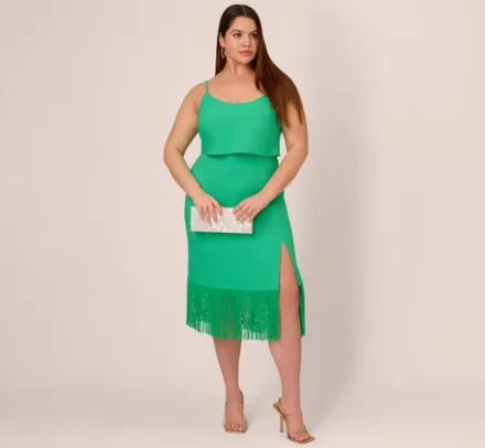 Adrianna Papell Wedding Guest Dresses|Petite-Friendly*Plus Size Stretch Crepe Popover Midi Dress With Fringe Hem In Summer Green