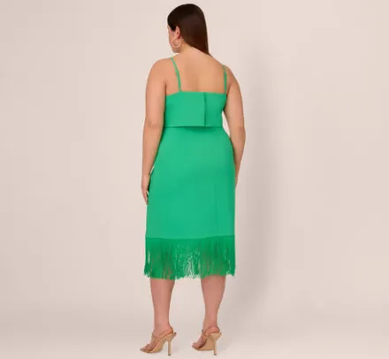 Adrianna Papell Wedding Guest Dresses|Petite-Friendly*Plus Size Stretch Crepe Popover Midi Dress With Fringe Hem In Summer Green