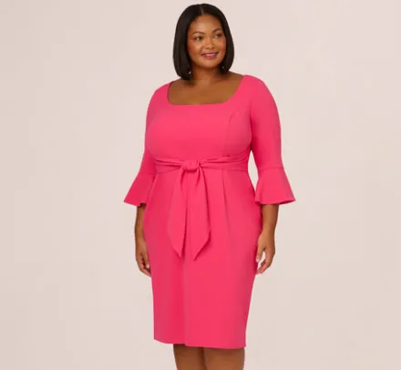 Adrianna Papell Wedding Guest Dresses|Day Dresses*Plus Size Stretch Knit Crepe Tie-Front Midi-Length Sheath Dress In