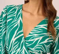 Adrianna Papell Wedding Guest Dresses|Ap Exclusives*Printed Faux Wrap Dress With Bishop Long Sleeves In Green Ivory
