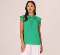 Adrianna Papell Tops & Blouses*Printed Flutter Sleeve Top With Tie Neck In Emerald Ivory Micro Dot