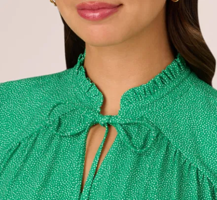 Adrianna Papell Tops & Blouses*Printed Flutter Sleeve Top With Tie Neck In Emerald Ivory Micro Dot
