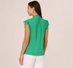Adrianna Papell Tops & Blouses*Printed Flutter Sleeve Top With Tie Neck In Emerald Ivory Micro Dot